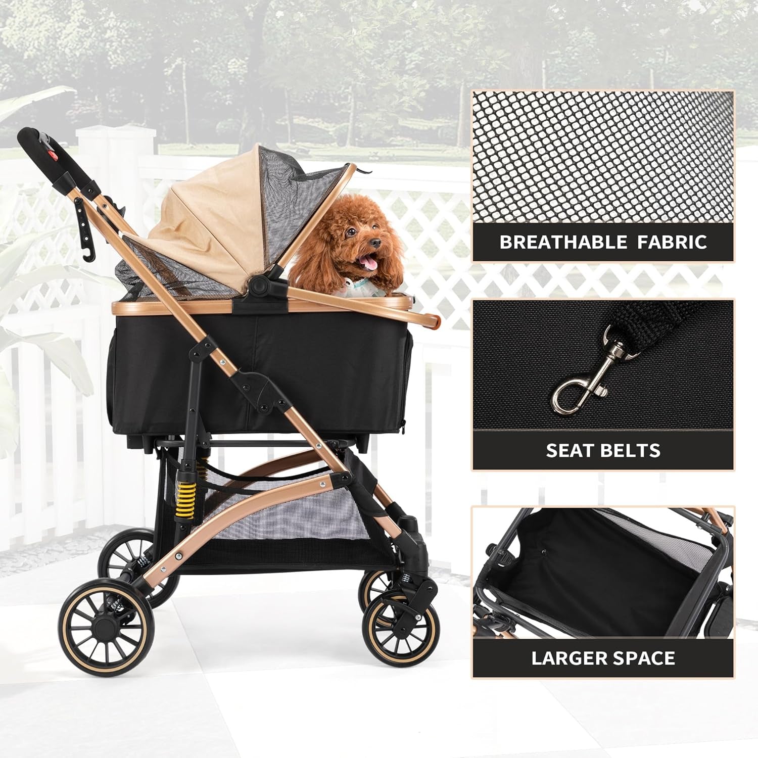 4-Wheel Pet Stroller, Premium 3-In-1 Foldable Dog Stroller for Small Medium Dogs with Detachable Carrier, Jogging Cat Travel, Black + Gold