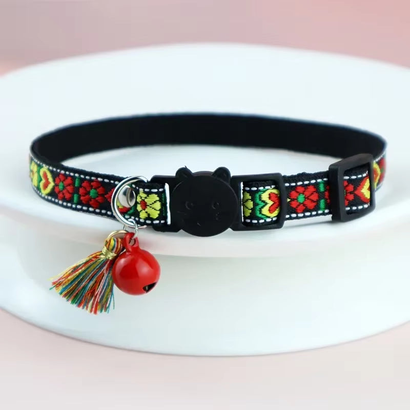 Adjustable Cat Collar with Tassels and Bells Embellished Pet Collar Colorful Plaid Jacquard Pattern for Cat and Dog Collars