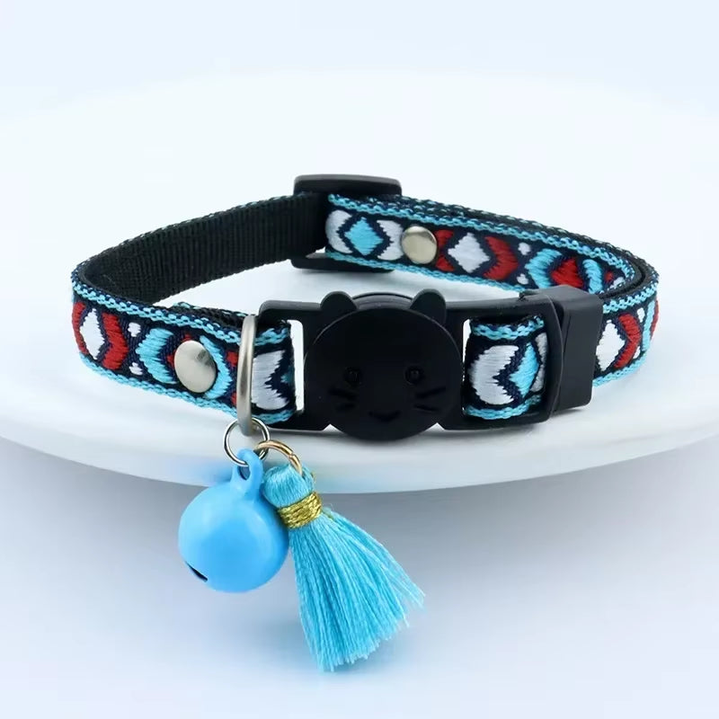 Adjustable Cat Collar with Tassels and Bells Embellished Pet Collar Colorful Plaid Jacquard Pattern for Cat and Dog Collars