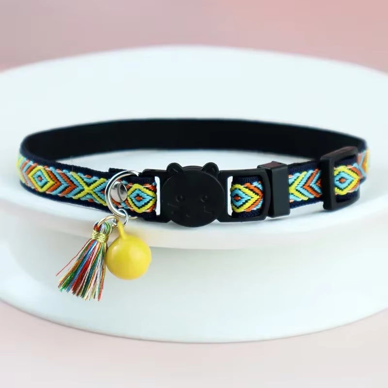 Adjustable Cat Collar with Tassels and Bells Embellished Pet Collar Colorful Plaid Jacquard Pattern for Cat and Dog Collars