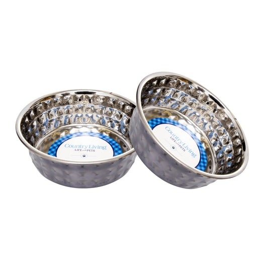Set of 2 Hammered Stainless Steel Dog Bowls