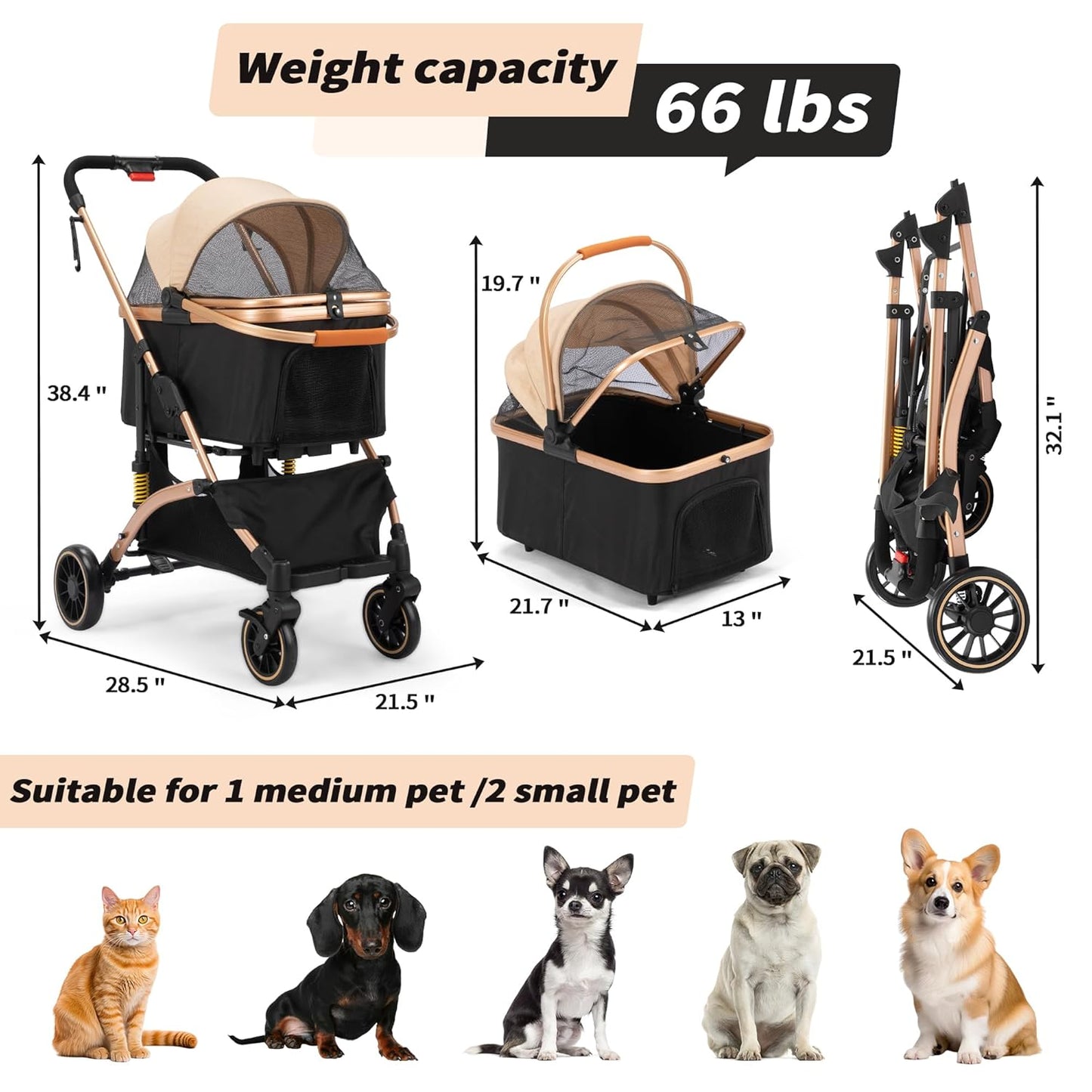 4-Wheel Pet Stroller, Premium 3-In-1 Foldable Dog Stroller for Small Medium Dogs with Detachable Carrier, Jogging Cat Travel, Black + Gold