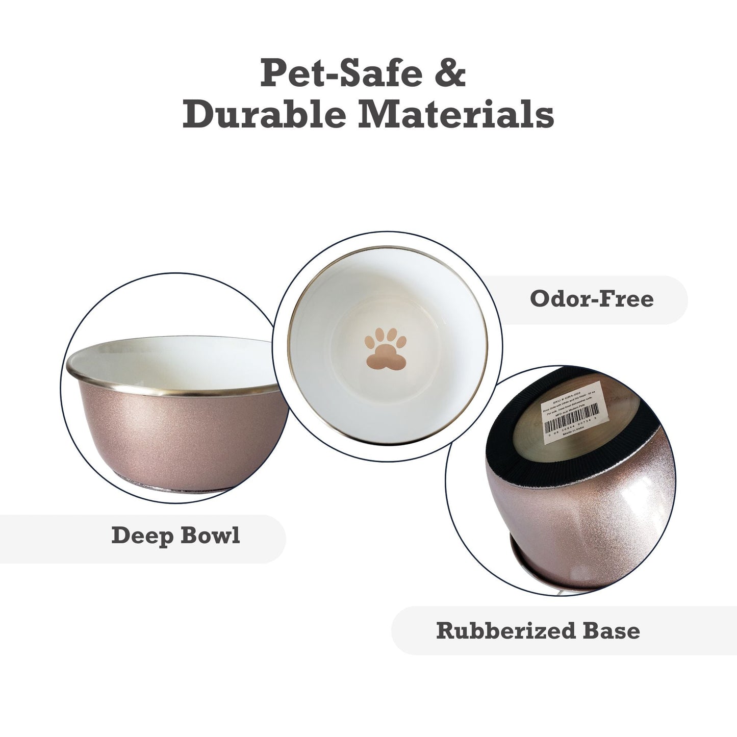Deep Dog Bowl with Paw Print Design – Stainless Steel/Rose Gold