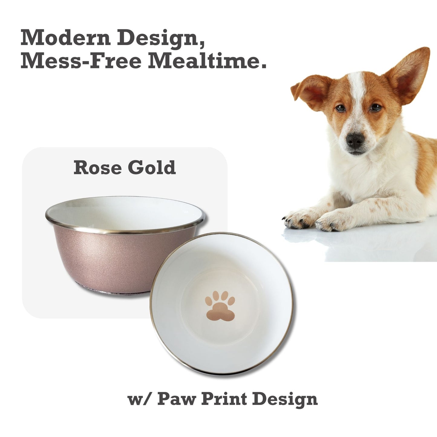 Deep Dog Bowl with Paw Print Design – Stainless Steel/Rose Gold