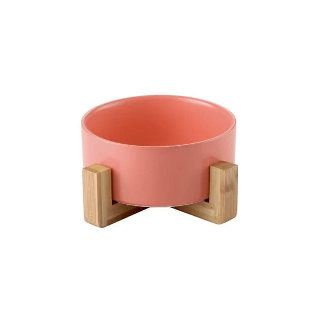 Ceramic Raised Pet Bowl w/ Wood Stand