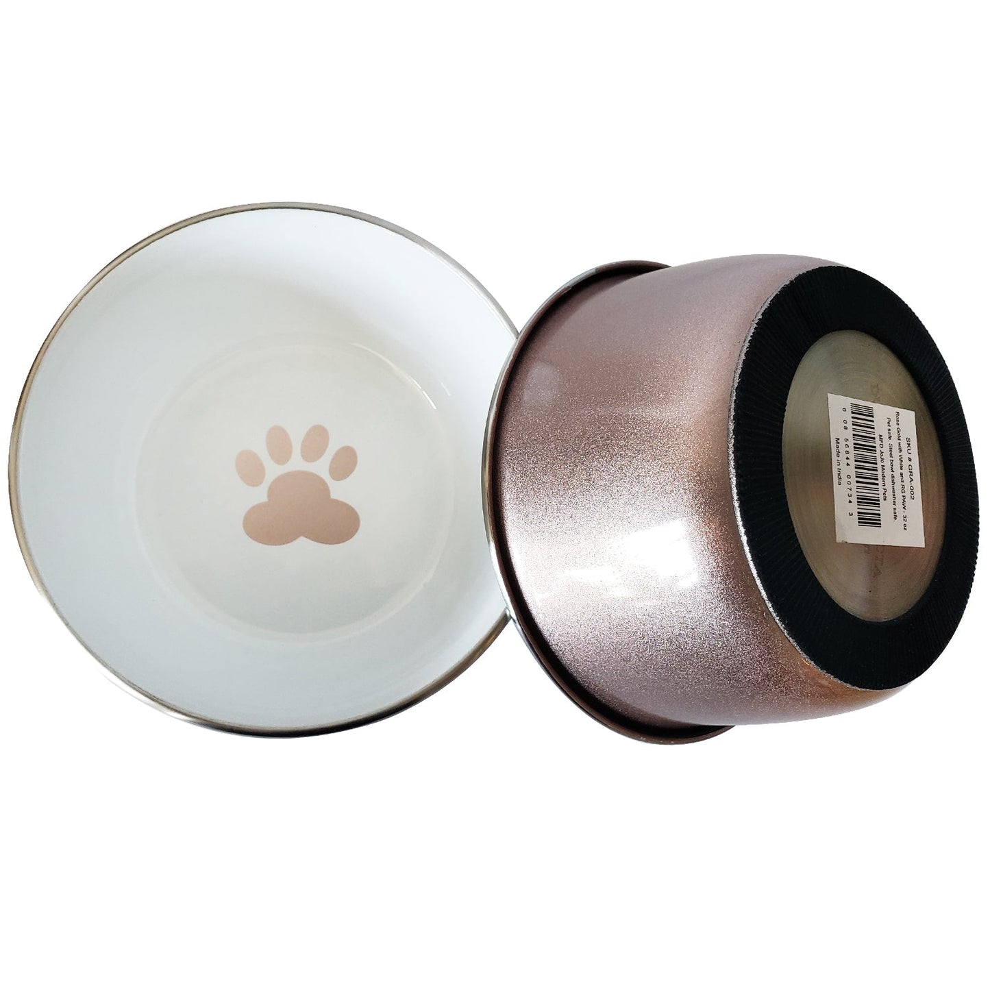 Deep Dog Bowl with Paw Print Design – Stainless Steel/Rose Gold
