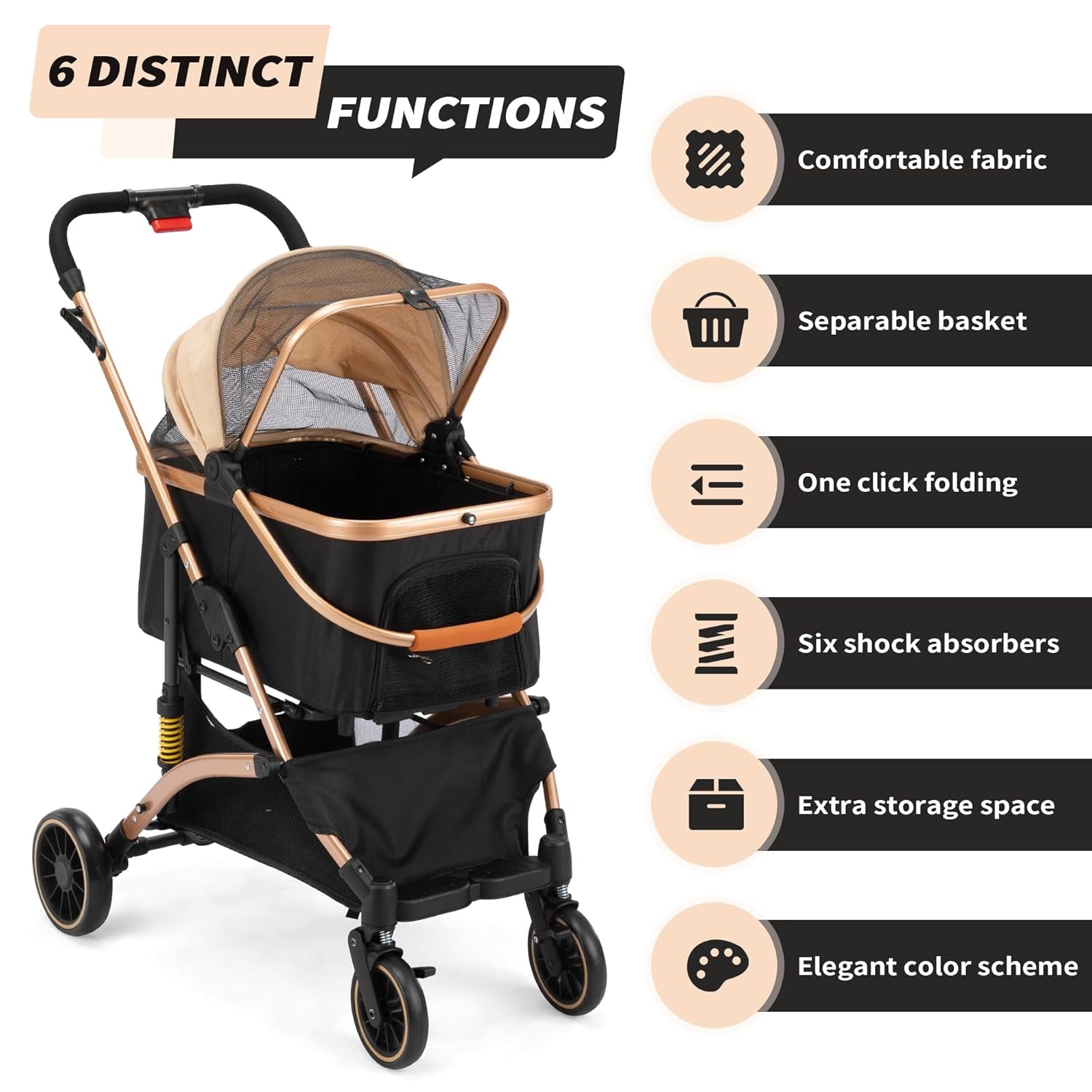 4-Wheel Pet Stroller, Premium 3-In-1 Foldable Dog Stroller for Small Medium Dogs with Detachable Carrier, Jogging Cat Travel, Black + Gold