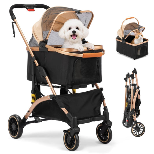 4-Wheel Pet Stroller, Premium 3-In-1 Foldable Dog Stroller for Small Medium Dogs with Detachable Carrier, Jogging Cat Travel, Black + Gold