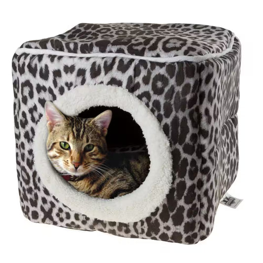 Small Gray/Black Animal Print Cozy Cave Pet Cube
