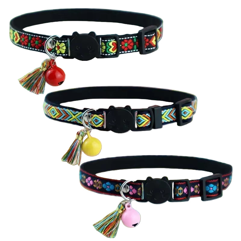 Adjustable Cat Collar with Tassels and Bells Embellished Pet Collar Colorful Plaid Jacquard Pattern for Cat and Dog Collars