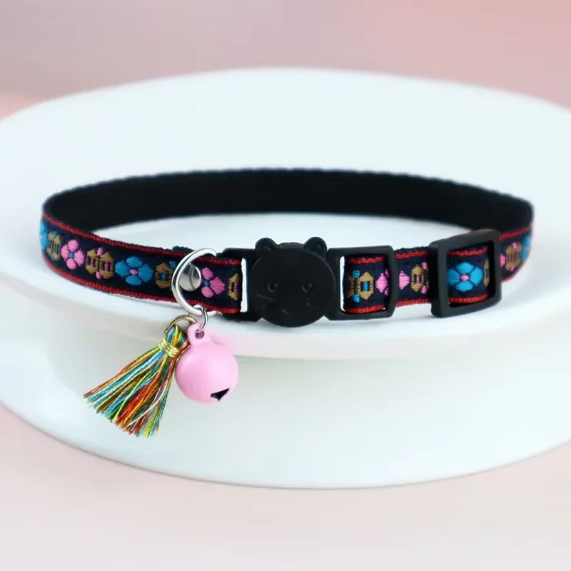 Adjustable Cat Collar with Tassels and Bells Embellished Pet Collar Colorful Plaid Jacquard Pattern for Cat and Dog Collars