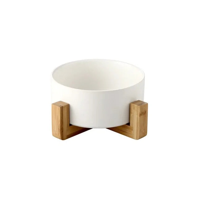 Ceramic Raised Pet Bowl w/ Wood Stand