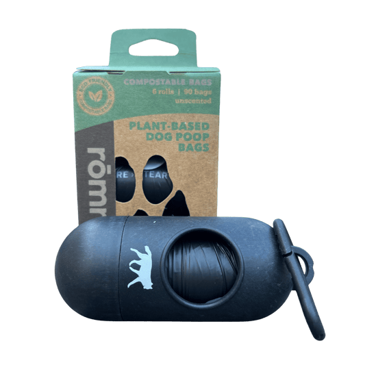 compostable plant-based dog poop bags + bamboo dispenser